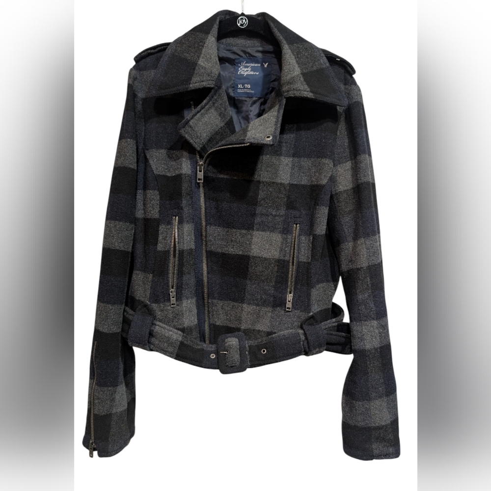 American Eagle Y2K Moto Jacket Zip Plaid Blue - Picture 2 of 7